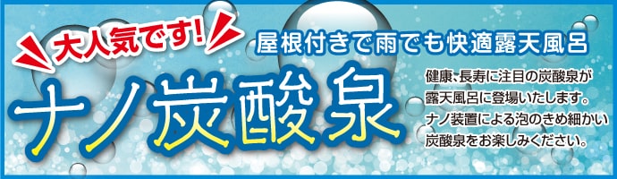 屋根付きで雨でも快適露天風呂 ナノ炭酸泉 健康、長寿に注目の炭酸泉が露天風呂に登場いたします。なの装置による泡のきめ細かい炭酸泉をお楽しみください。